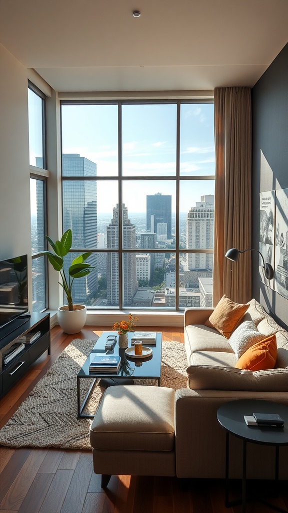A stylish small living room with a view of the city, featuring a modern couch, coffee table, and decorative plants.