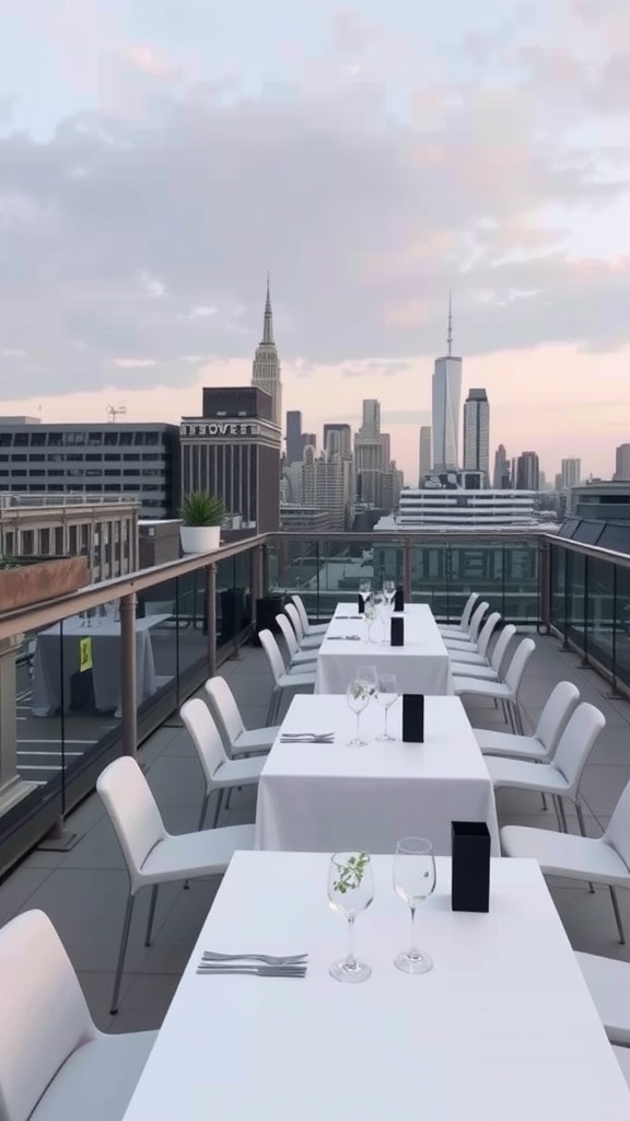 A chic rooftop wedding setup with tables and stunning city skyline views.