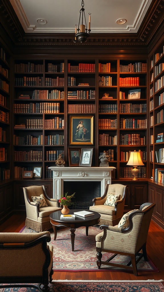 A cozy library with rich wood details, bookshelves filled with books, elegant chairs, and a charming fireplace.
