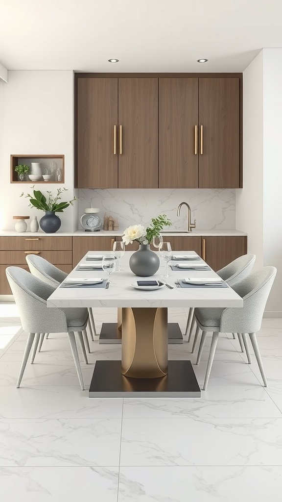 Chic marble top dining table with stylish chairs in a modern kitchen.