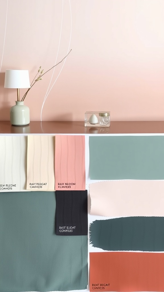 A selection of paint swatches in various soft and muted colors, alongside a soft pink wall and decorative lamp.