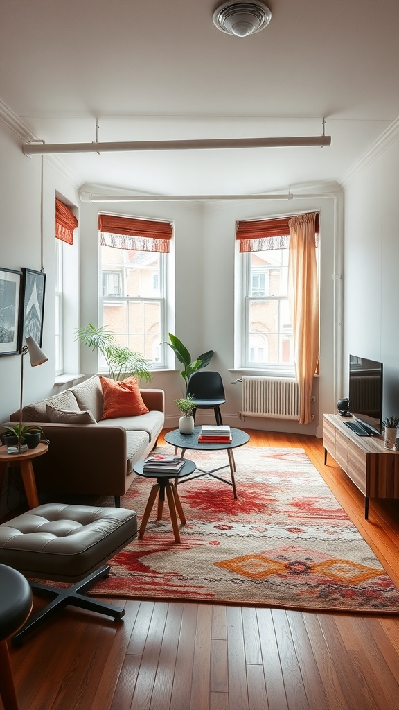A cozy living room featuring a colorful statement rug and modern furniture.