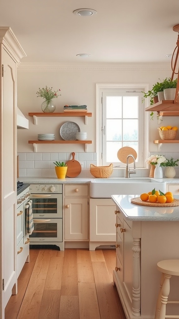 A warm and inviting French country kitchen featuring soft color tones and wooden elements.