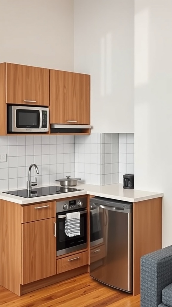 Compact kitchen appliances in a studio apartment.