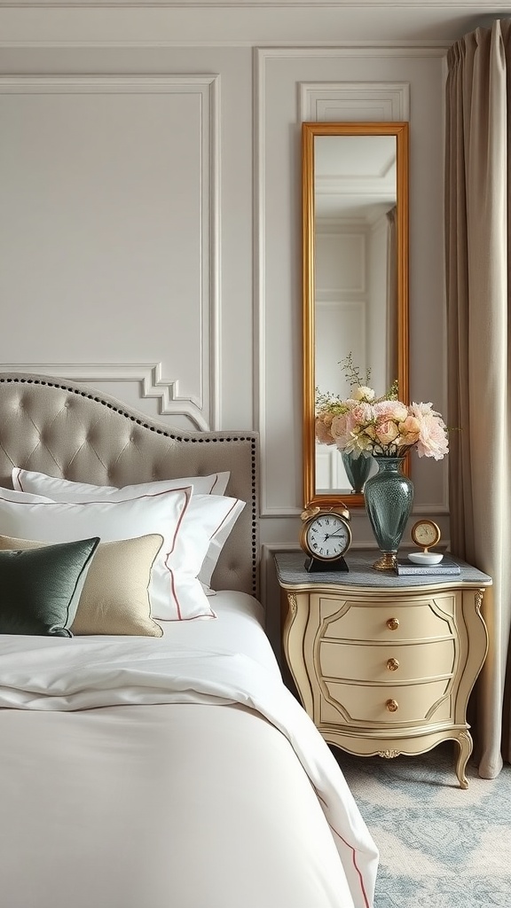 A stylish bedroom featuring a tufted bed, elegant bedside table with a flower vase, clock, and a decorative mirror.