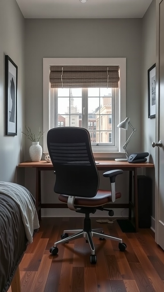 A cozy workspace featuring a desk and a comfortable office chair near a window.