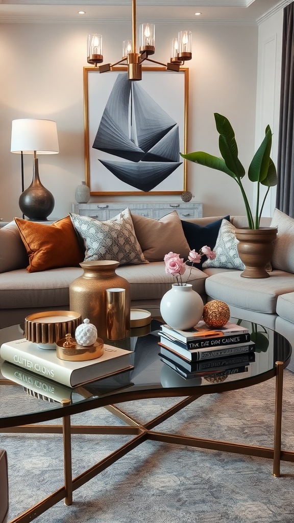 Stylish living room with a modern coffee table, decorative items, and comfortable seating.
