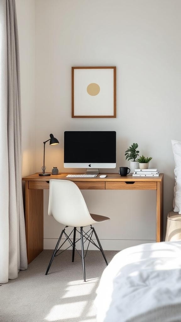 A practical desk in a guest bedroom-office setup, featuring a computer and a lamp.