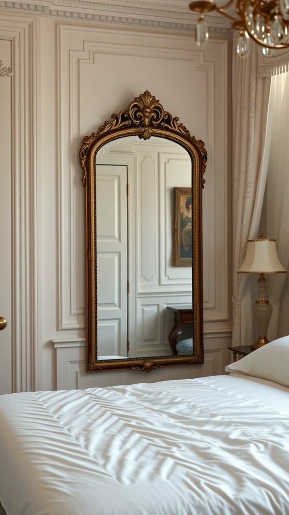 A beautifully decorated bedroom featuring an ornate mirror reflecting the room's elegance.
