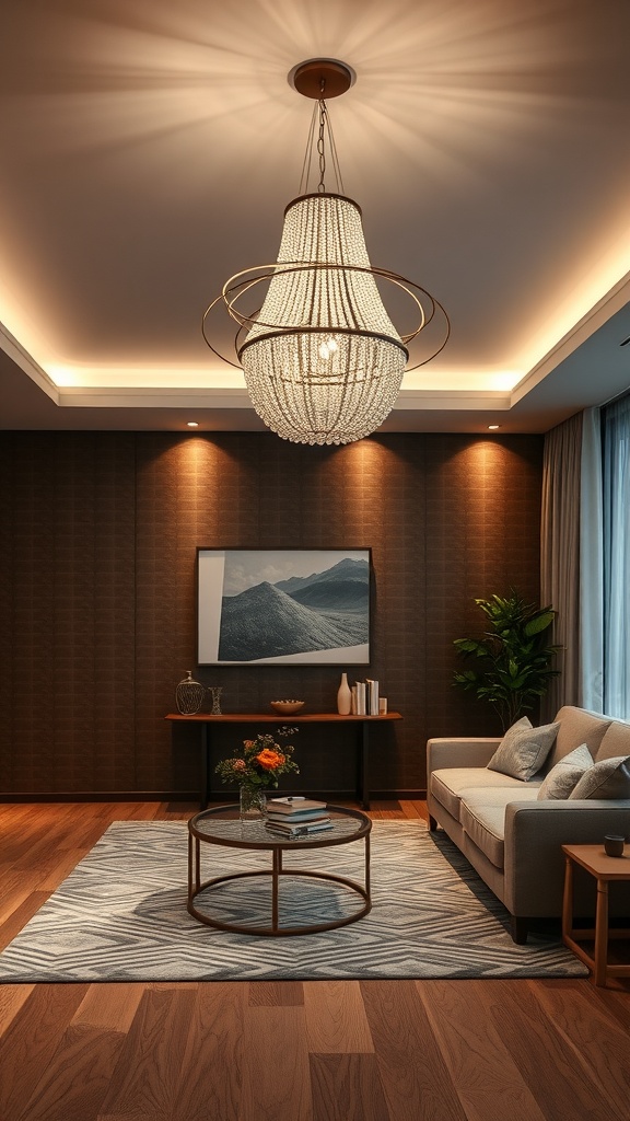A modern living room featuring a stylish chandelier with a warm glow.