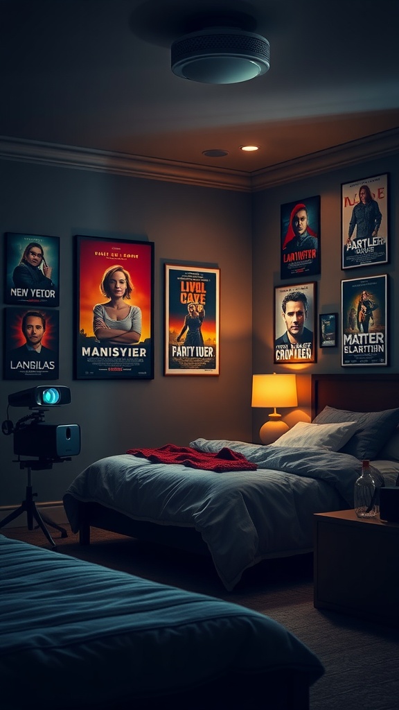 A cozy bedroom featuring movie posters on the wall, a projector, and a comfortable bed.