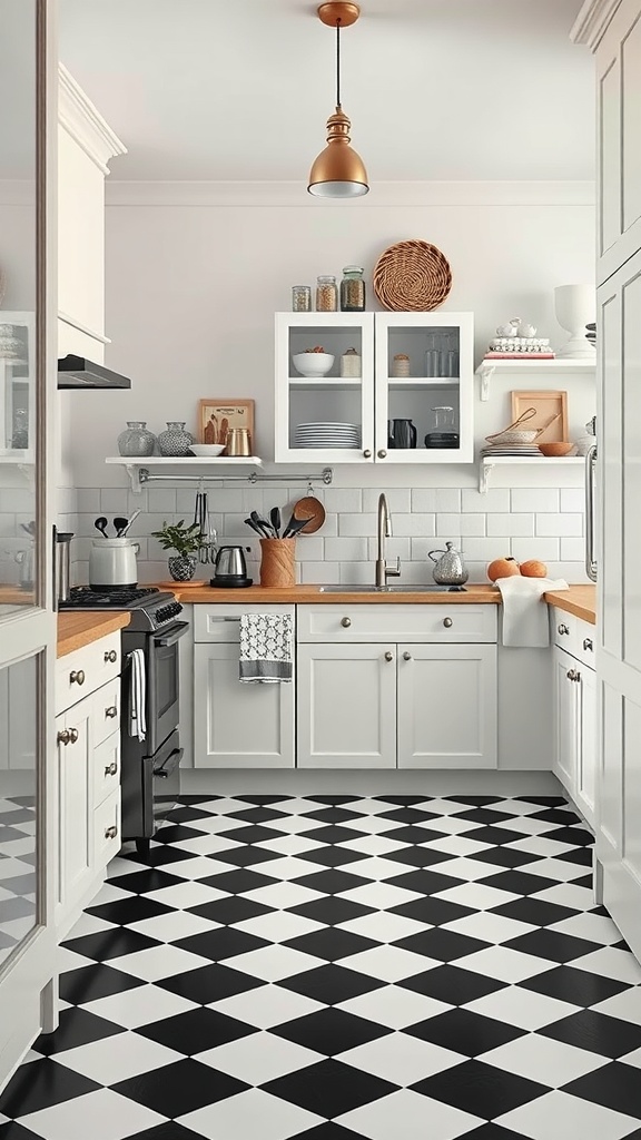 A kitchen featuring classic black and white checkerboard floors with modern cabinetry and decor.