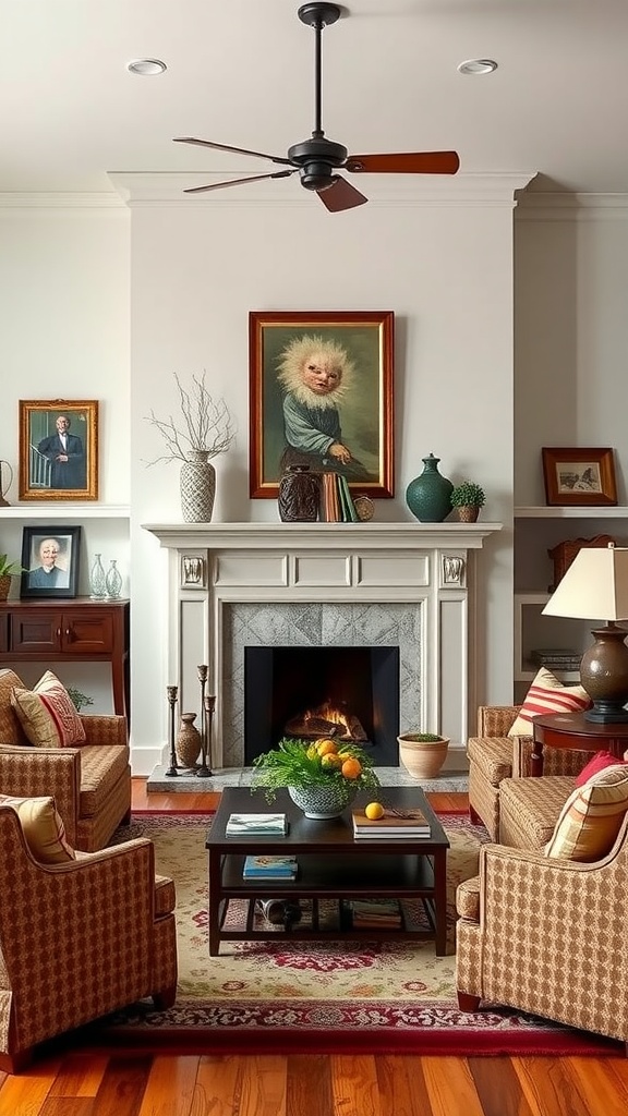 Cozy family room with a fireplace, comfortable chairs, and charming decor