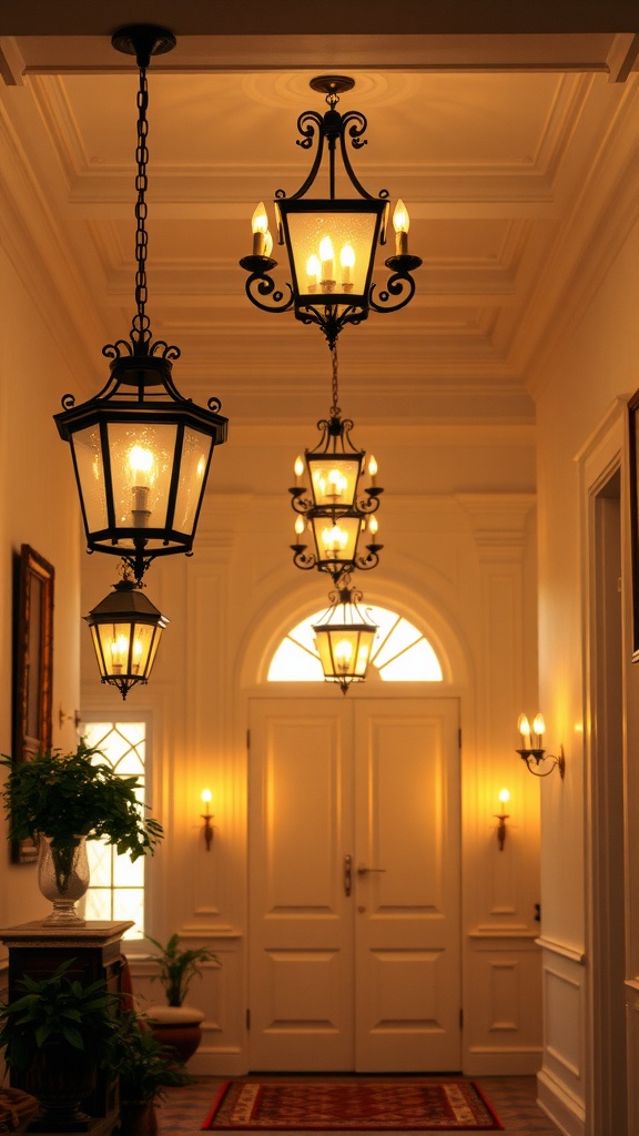 A hallway with classic lantern-style lighting fixtures, creating a warm and inviting atmosphere.