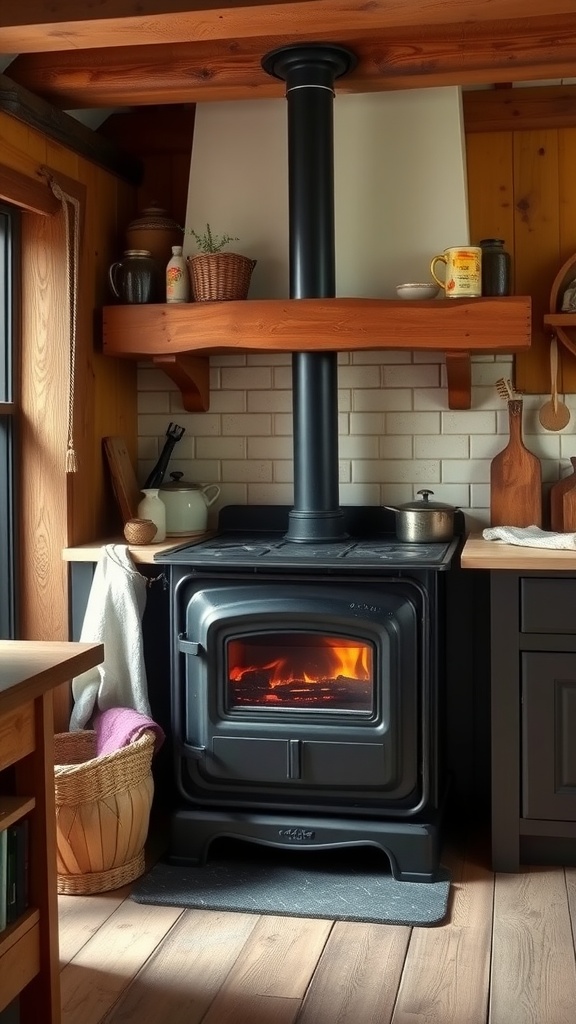 Cozy cottage kitchen featuring a classic wood stove as a focal point.