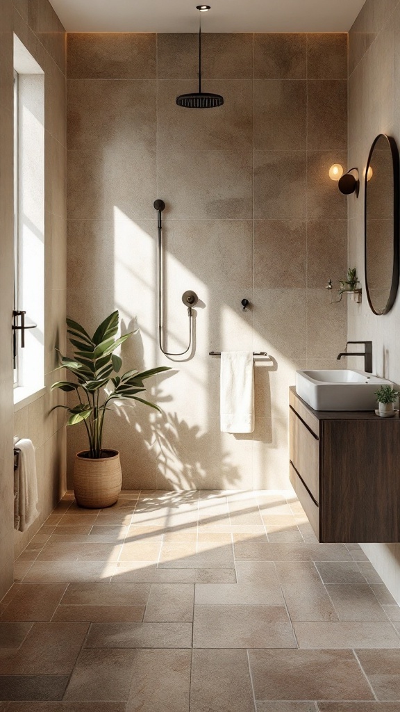 A modern bathroom with clay tile flooring, featuring a shower, plant, and natural light.