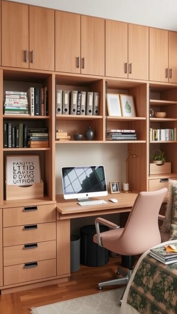 A stylish office setup featuring shelves and a desk in a guest bedroom.