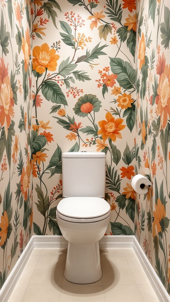 A small toilet room with vibrant floral wallpaper featuring orange and green colors.