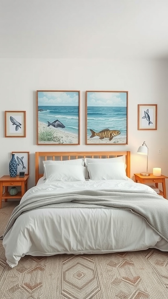Coastal-inspired artwork in a boho bedroom with marine life and ocean scenes.
