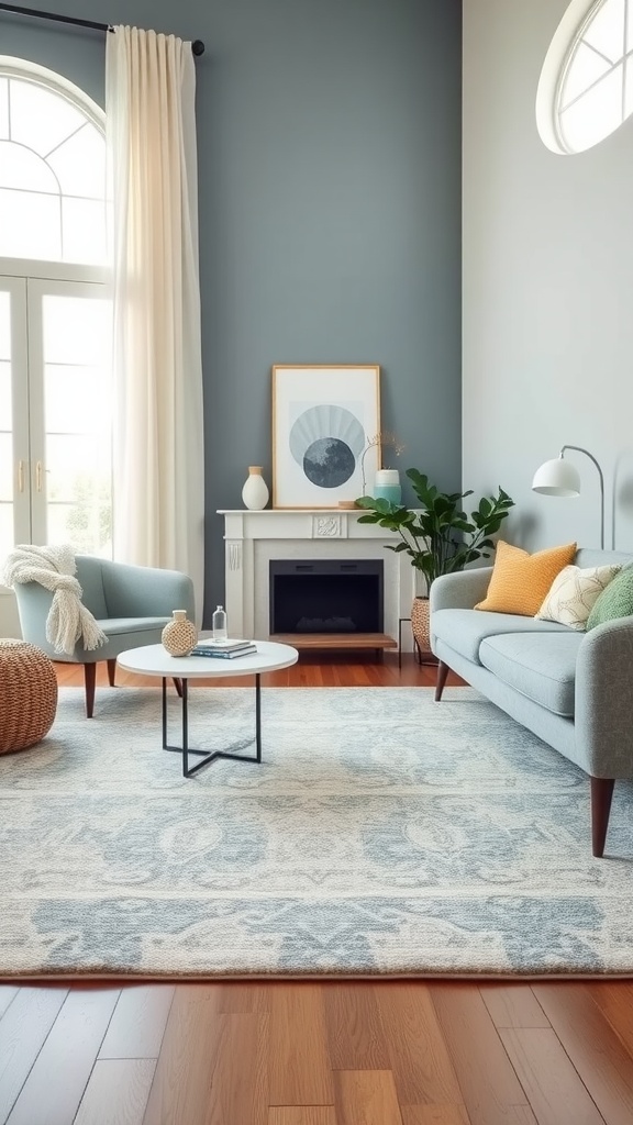 A coastal-inspired living room featuring a light-colored rug with ocean motifs.