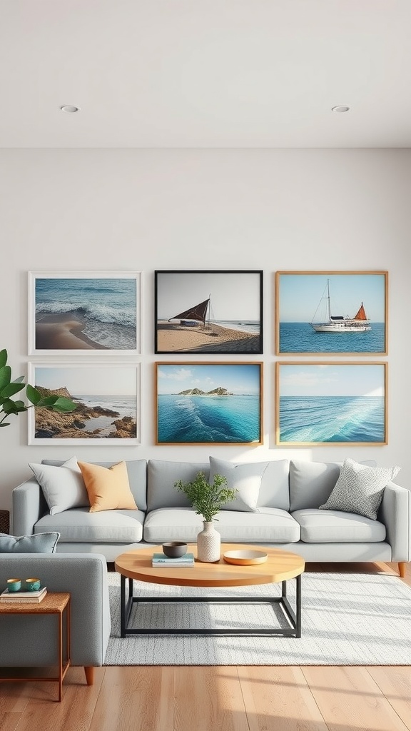Coastal themed artwork displayed in a cozy living room setting.