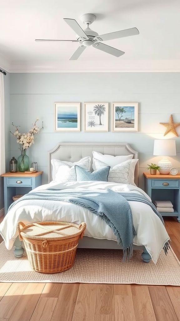 A bright and airy coastal bedroom with a soft blue wall, white bedding, and wooden accents.