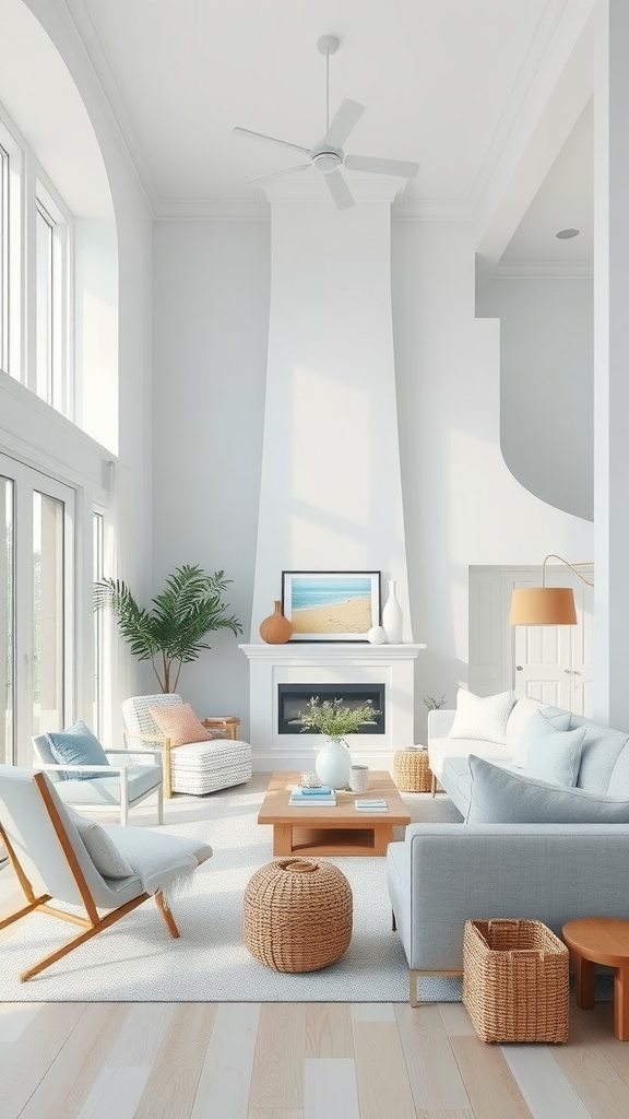 A bright and airy coastal living room with light furniture and natural elements.