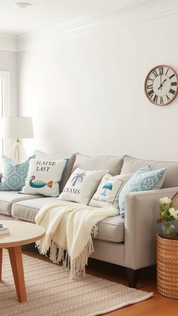 Coastal themed pillows and throws on a couch in a living room