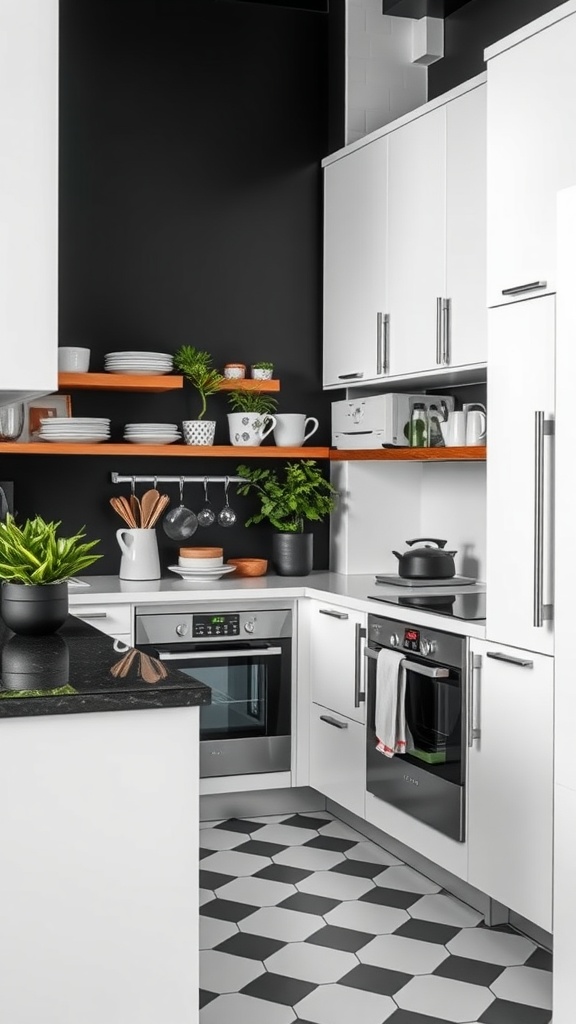 Modern black and white kitchen with wooden accents and plants.