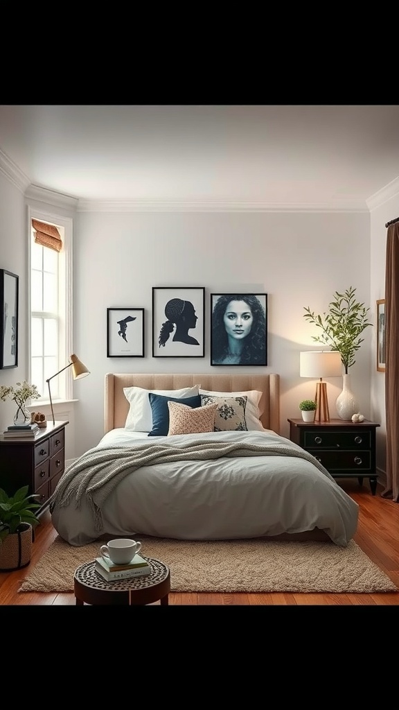 A cozy bedroom with a bed, layered textiles, and framed art on the walls.