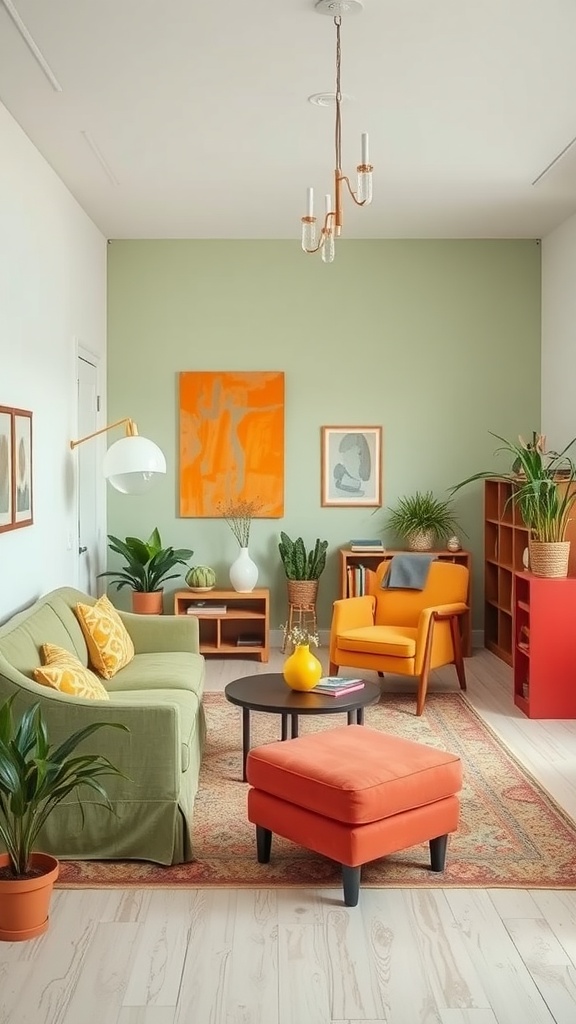 A stylish studio apartment living room featuring a green sofa, orange accents, and various plants.
