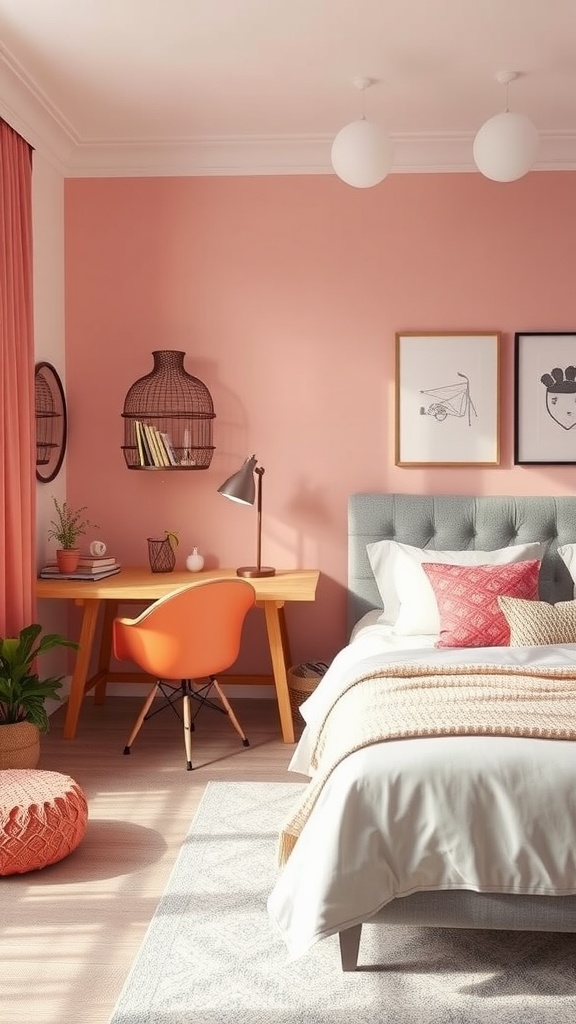 A stylish guest bedroom and home office with soft pink walls, a cozy bed, and a functional workspace.