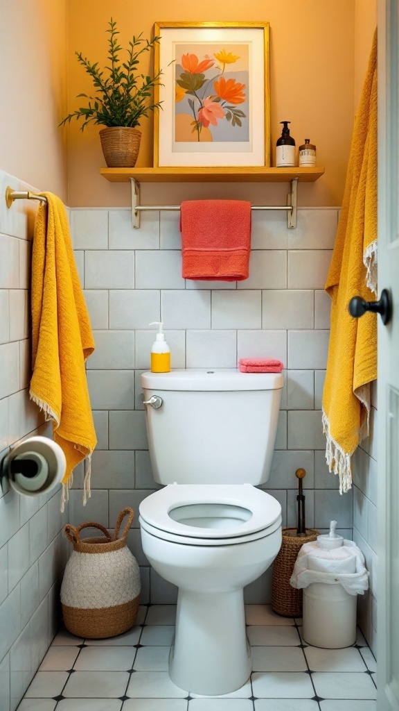 A small and bright downstairs toilet featuring colorful towels, a floral print artwork, and decorative plants.