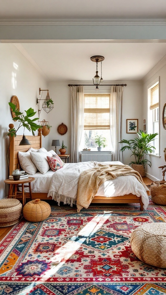 A cozy Boho farmhouse bedroom featuring a colorful area rug