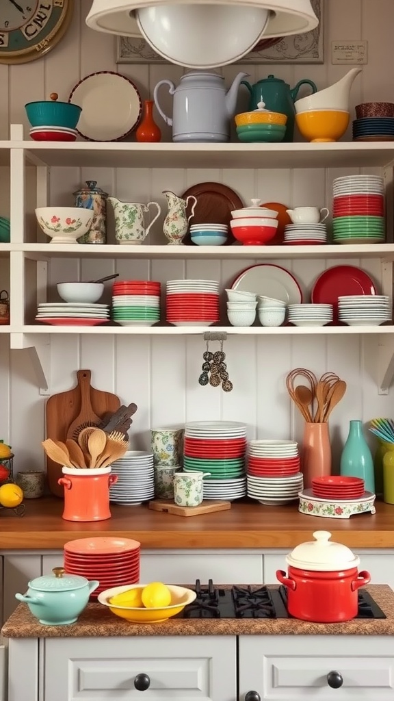 A cozy cottage kitchen displaying colorful dishware, including bright plates and teapots on open shelves.