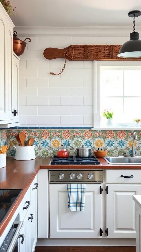 A cozy cottage kitchen with colorful hand-painted tiles as a backsplash.