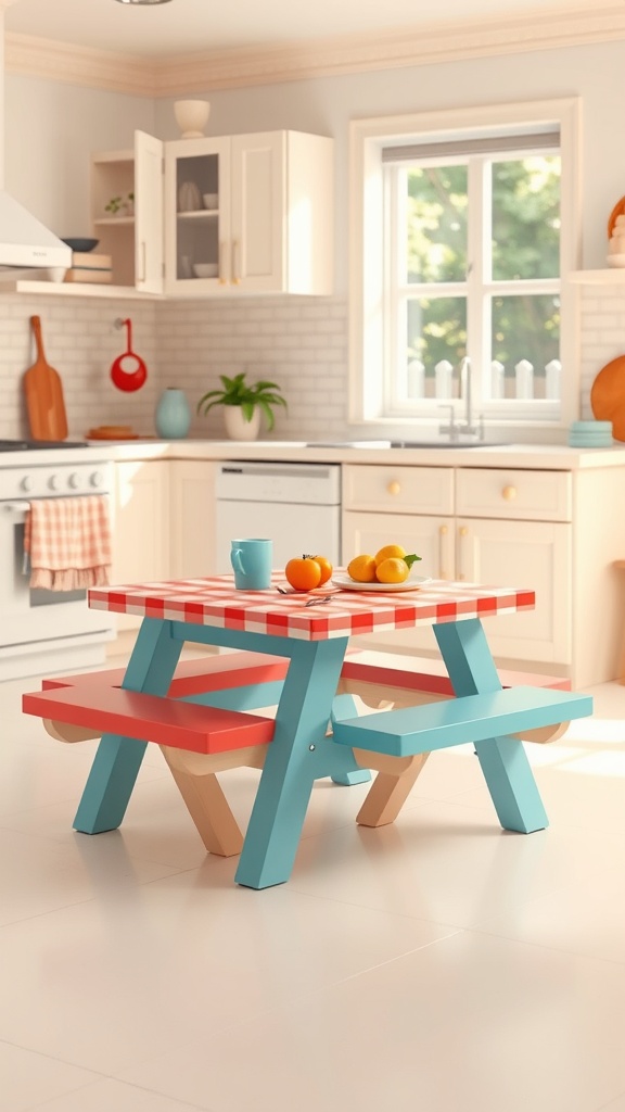 A colorful picnic table with a red and white checkered top and blue benches in a bright kitchen.
