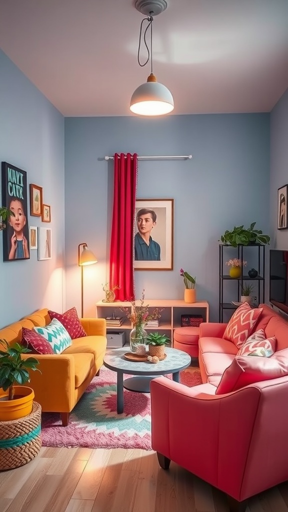 A vibrant small living room featuring a yellow and pink sofa, colorful rugs, and lively decor.