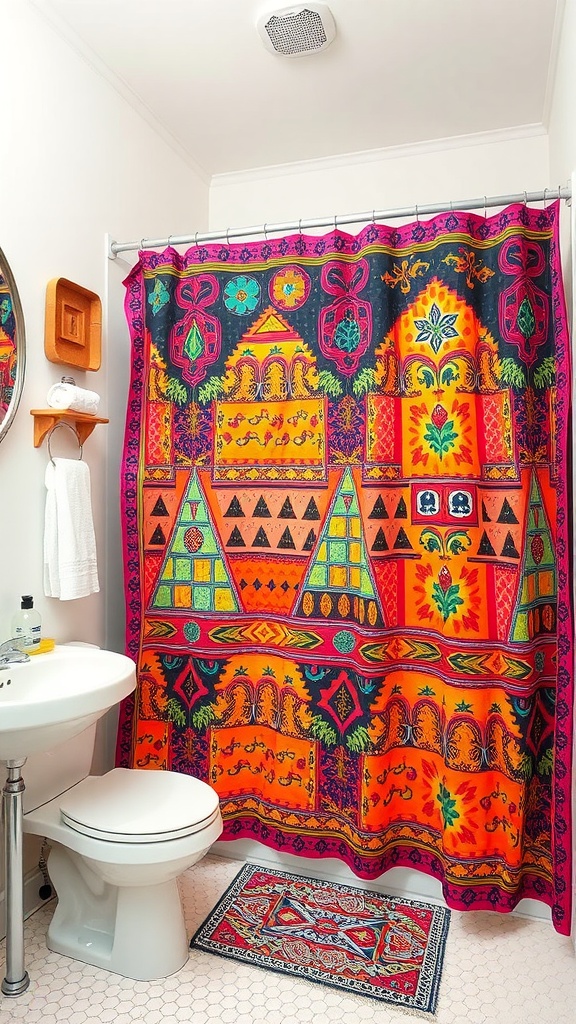 A colorful shower curtain with bold patterns in a bathroom setting.