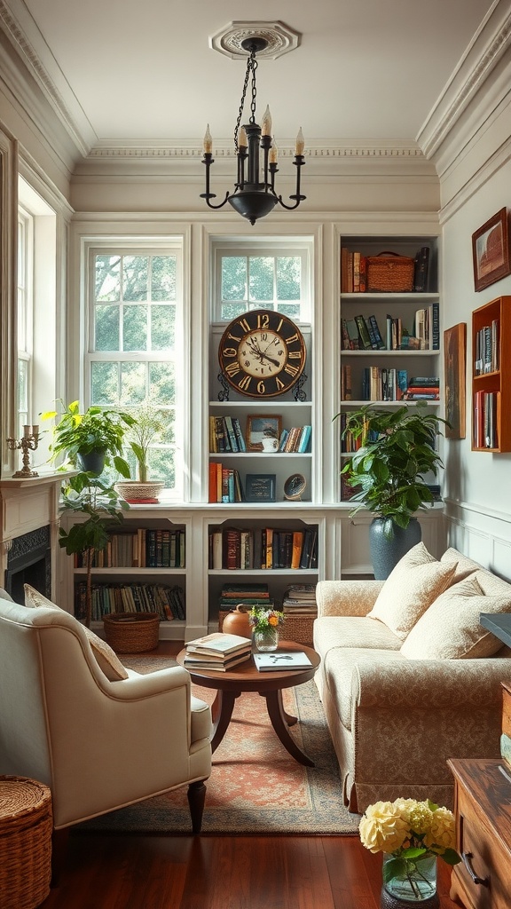 A cozy reading nook with two comfortable chairs, a small coffee table, and bookshelves filled with books.