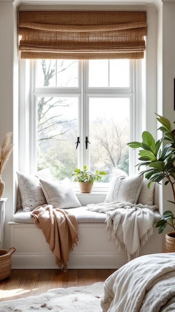 A cozy window seat with pillows and blankets, surrounded by plants.