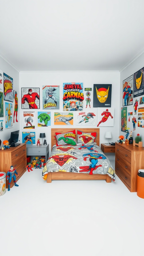 A vibrant comic book-themed bedroom featuring superhero wall art, a bed with comic-themed bedding, and action figures.