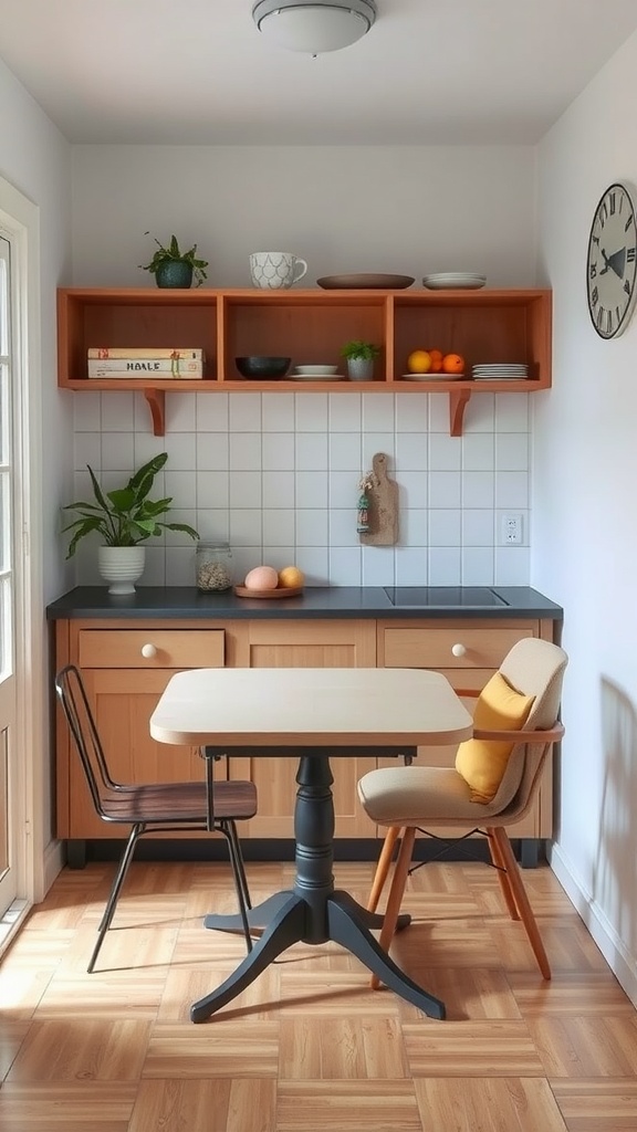 A compact drop-leaf table in a small kitchen setting with two chairs, one with a cushion, and shelves displaying kitchenware.