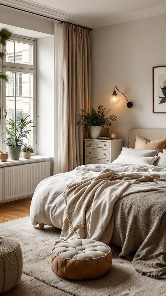 A cozy guest bedroom and office with a bed, pouf, and natural decor.