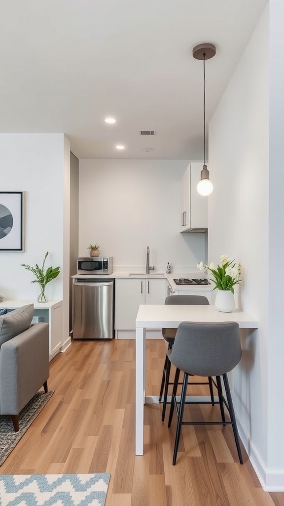 A compact kitchenette featuring bar seating with modern appliances and a bright atmosphere.