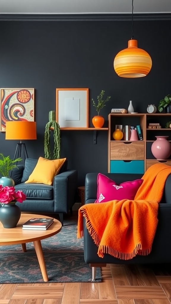A stylish living room featuring dark walls contrasted with bright orange and pink accents in decor.