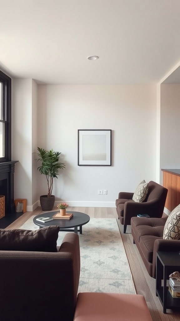 A cozy living room featuring dark brown furniture contrasted with light decor elements.