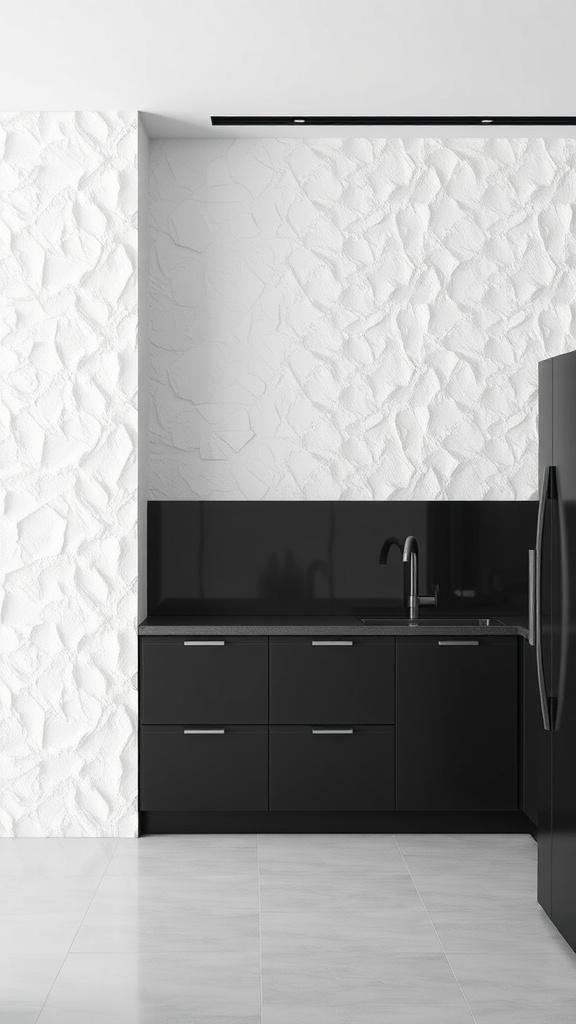 A modern kitchen featuring textured white walls and sleek black cabinetry.