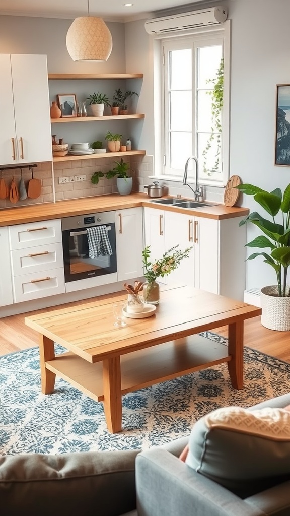 A cozy kitchen with a convertible coffee table in front of a sofa.