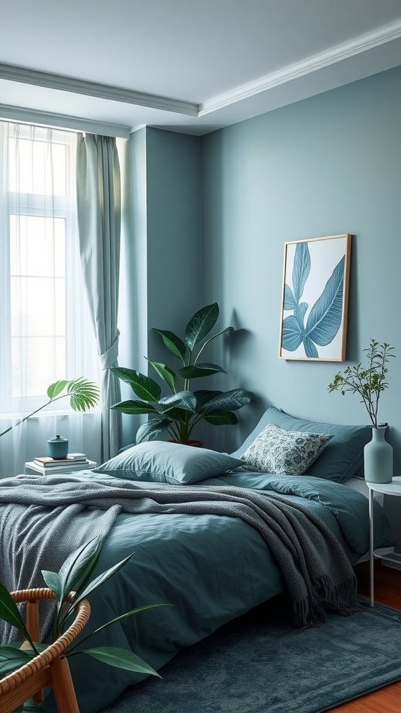 A serene bedroom featuring blue walls, soft bedding, and green plants.